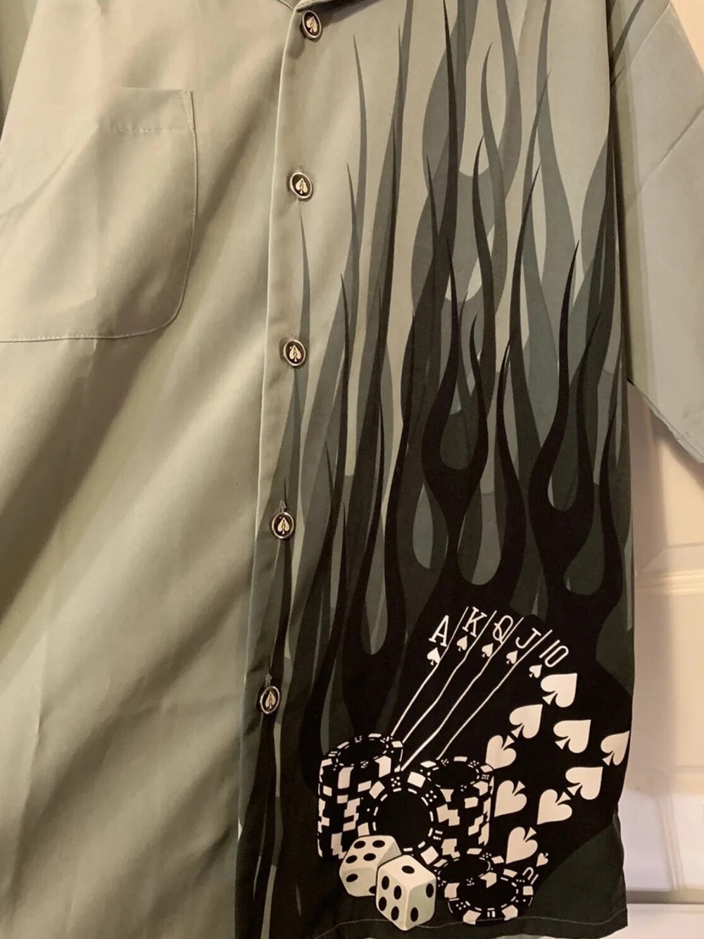 Vintage Dragonfly Short Sleeve Gray Black Button Aces Spades Poker Sz M